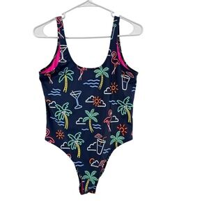 Chubbies Womens Large Neon Tropical Flamingo One Piece Swimsuit Navy Pink